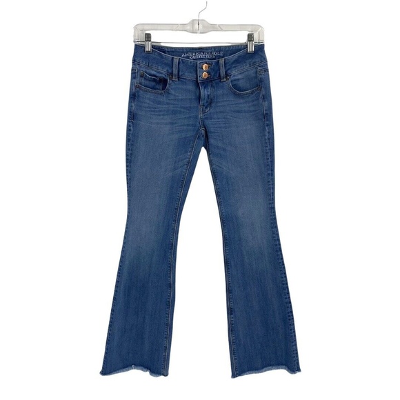 American Eagle Jeans Artist Flare Women Size 2 Fringe Cuff 360 Super Stretch